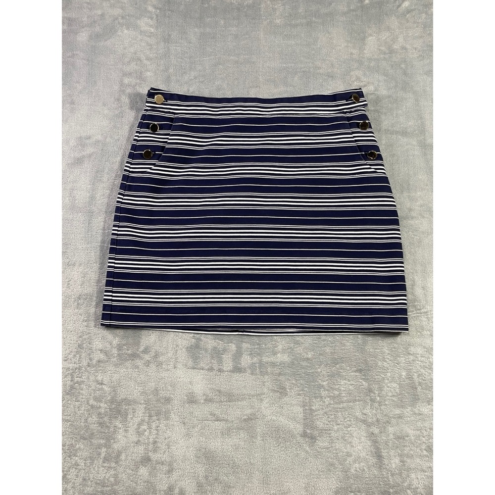 LOFT Navy Blue White Striped Sailor Mini Skirt Gold Buttons Size 12 Preppy